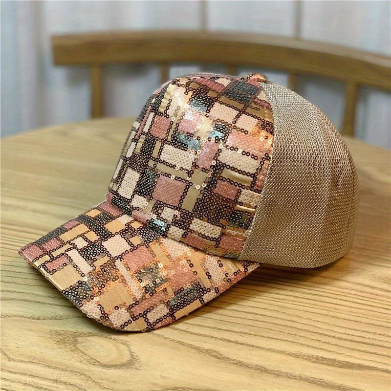 Plaid Sequins Baseball Cap Y2K Hip Hop Mesh Trucker Hat Unisex