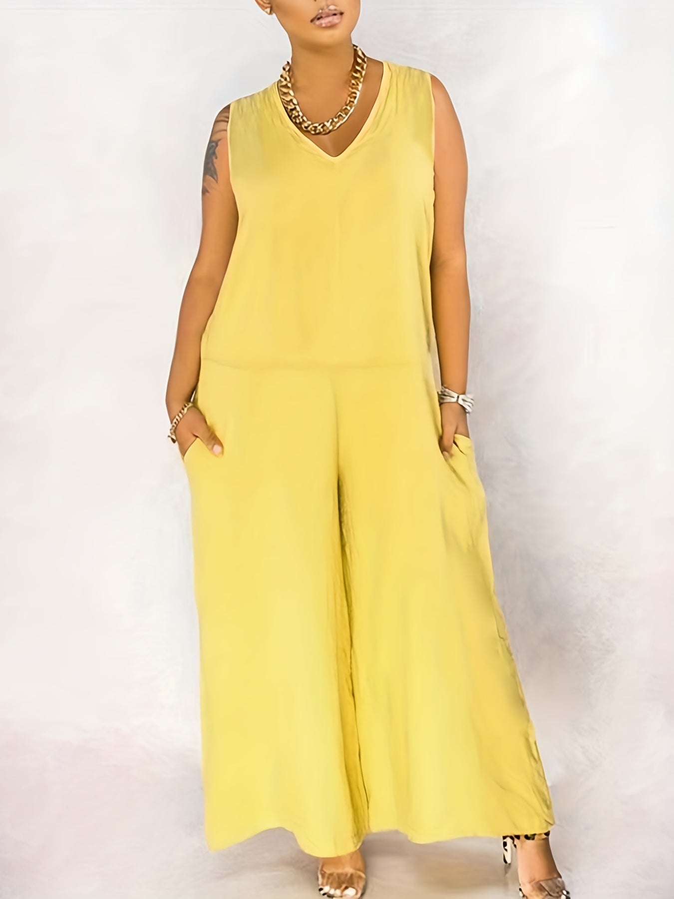  Solid V Neck Wide Leg Jumpsuit With Pockets