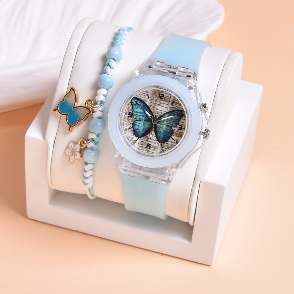2pcs Girls' Butterfly Watches Set Silica Gel Strap & Plastic Case