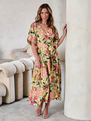 Floral Print Bubble Sleeve Maxi Belted Dress