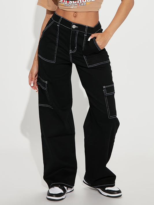 Loose Denim Cargo Pants Solid Zipper Button Closure Jeans