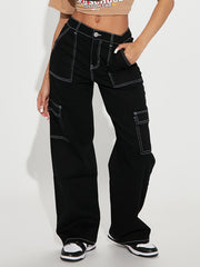 Loose Denim Cargo Pants Solid Zipper Button Closure Jeans