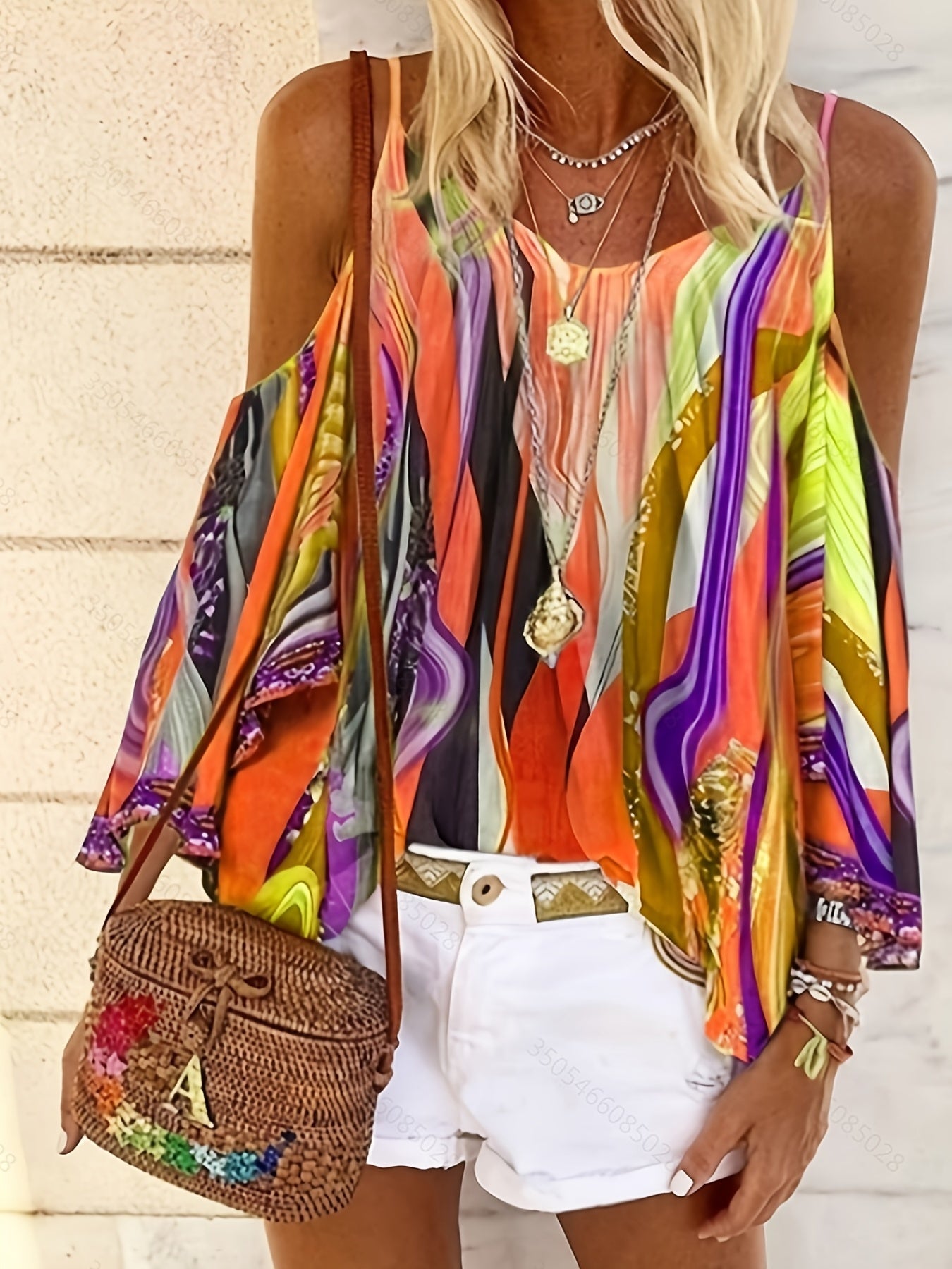 Geometric Print Off Shoulder T shirt Crew Neck Summer Tops