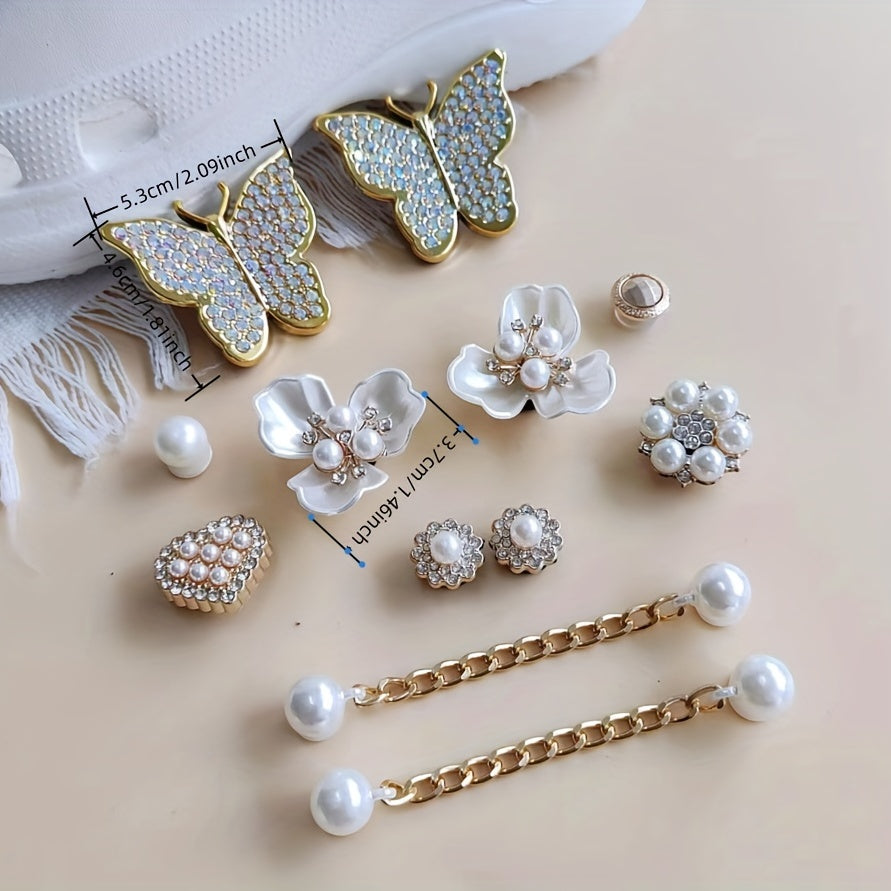 12pcs Golden Shoe Decorative Accessories Set with Rhinestone Diamond Pearl Chain