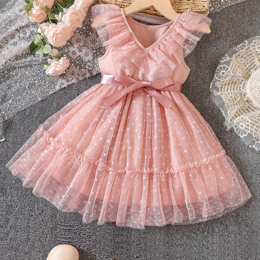 Girls' Dots Print V Neck Tulle Princess Dress