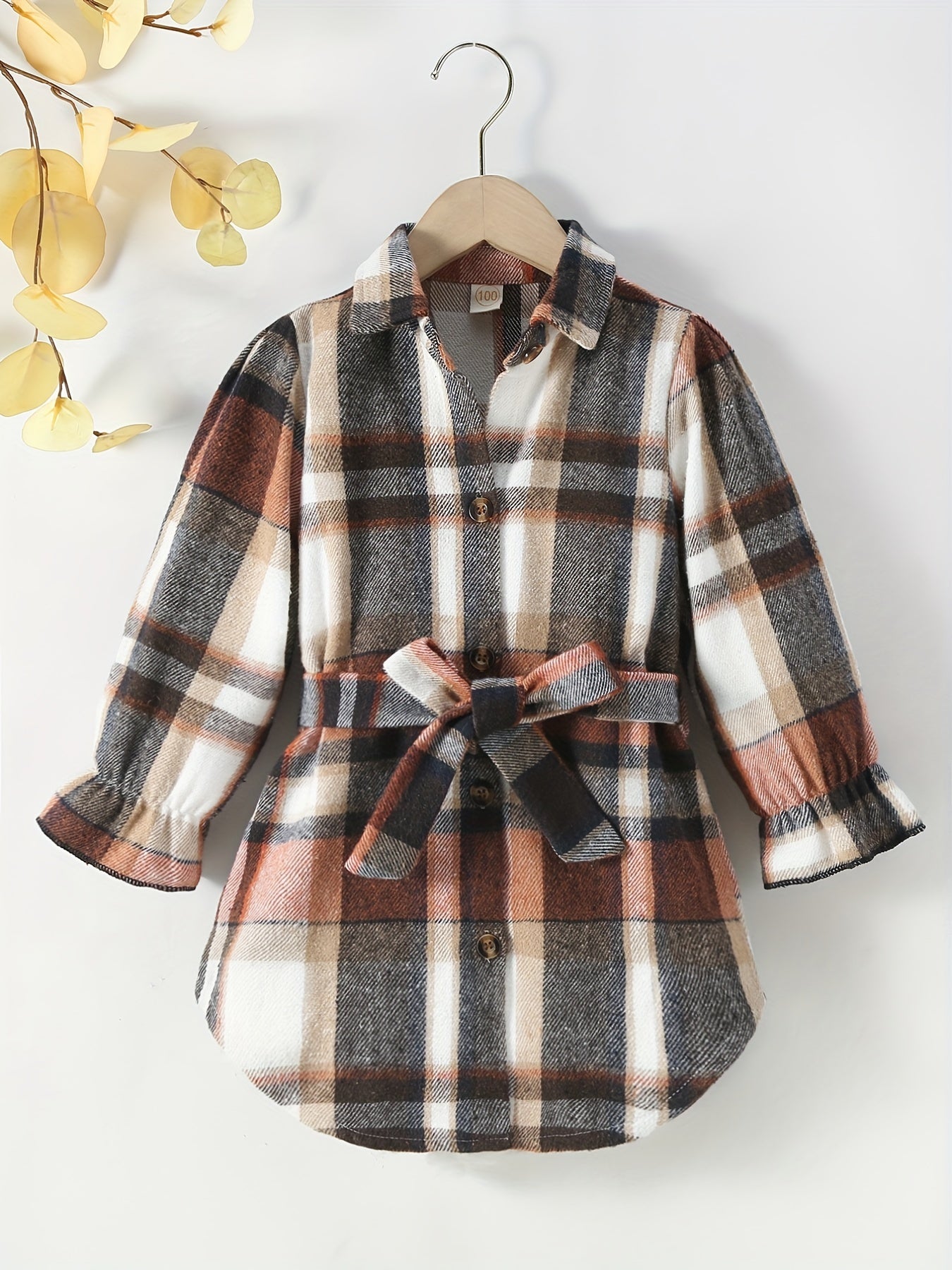 Girls Plaid Button Down Jacket with Belt