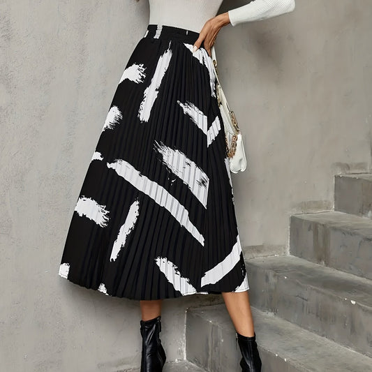 Abstract Print Pleated High Waist Skirt