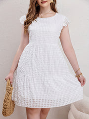 Plus Size Casual Dress Women's Solid Grid Ruffle Sleeve Round Neck Smock Dress