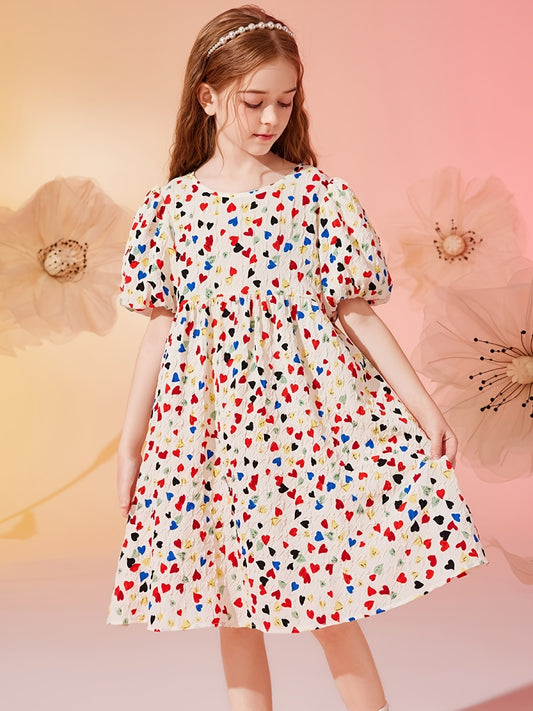 Girls Heart Print Floral Princess Dress
