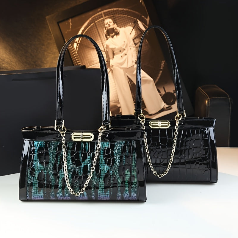 Stylish Soft Leather Chain Bag Crocodile Pattern Zip Closure Polyester Lining