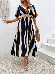 Wavy Stripe Print Dress V Neck Half Sleeve High Waist Dress