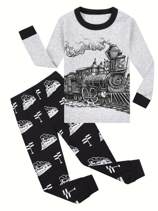 Boys' Train Print Pajama Set Cotton Long Sleeve Top & Pants