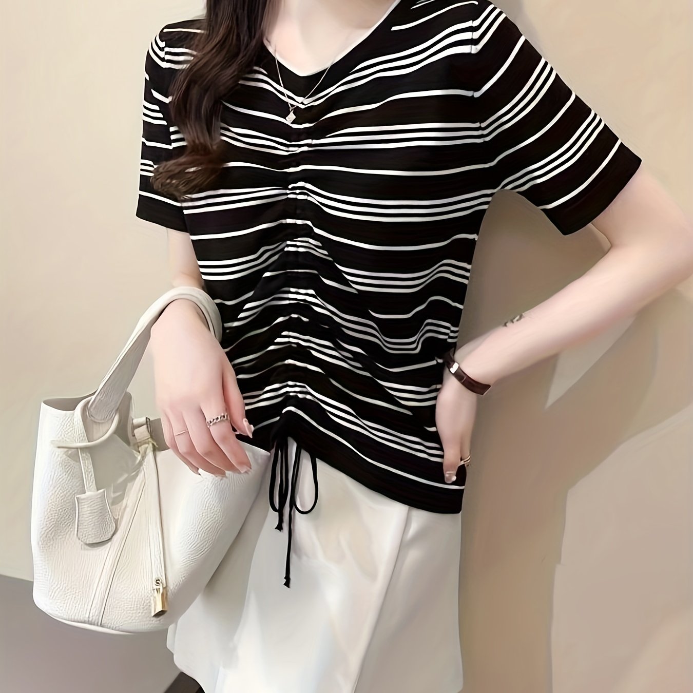 Striped Print Drawstring Knit Sweater Casual Short Sleeve Sweater