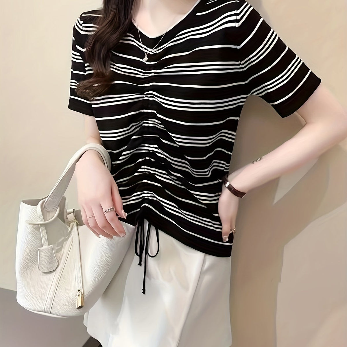 Striped Print Drawstring Knit Sweater Casual Short Sleeve Sweater