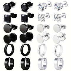 12pairs Steel Ear Studs Unisex Earrings Men Women