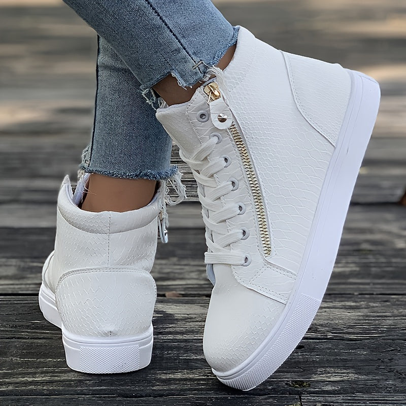 Side Zipper High Top Flat Skate Shoes Non Slip Faux Leather Sneakers