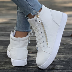 Side Zipper High Top Flat Skate Shoes Non Slip Faux Leather Sneakers