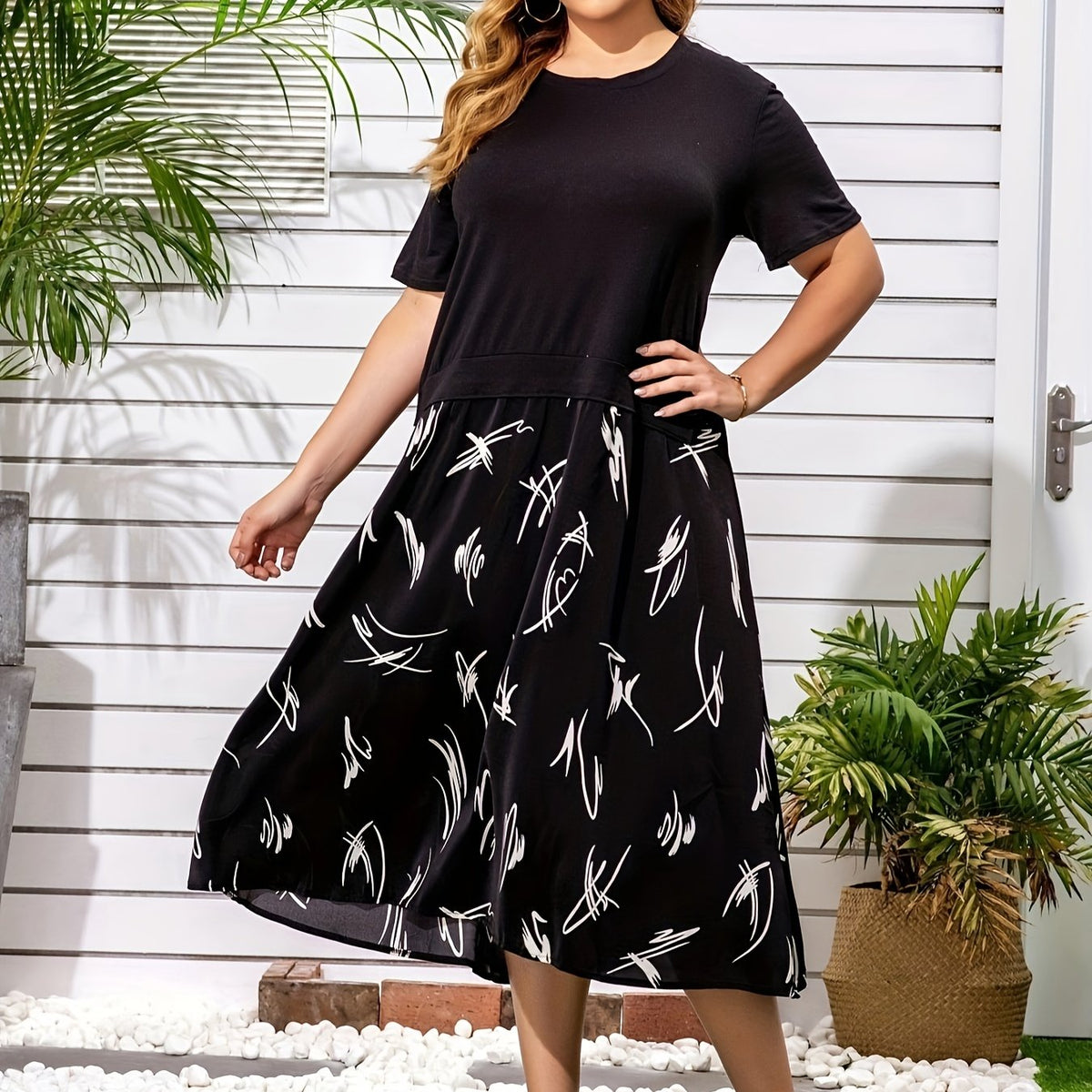 Colorblock Graffiti Print Tee Dress