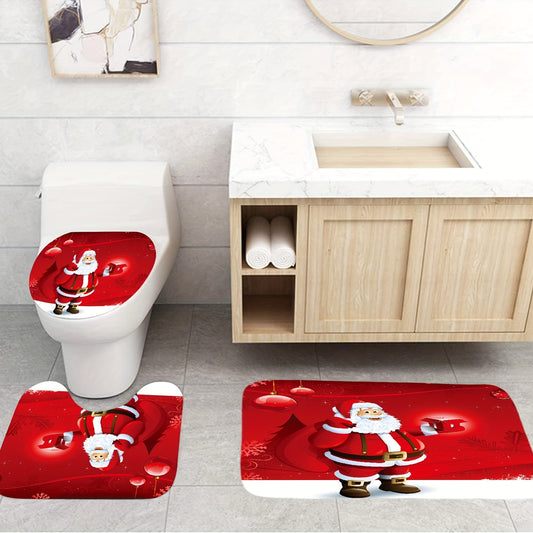 Christmas Shower Curtain Set Winter Santa Claus Tree Snowflake Print