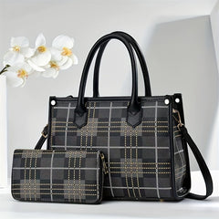 2pcs Plaid Briefcase Set Large Capacity Handbag With Clutch Bag