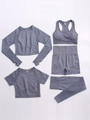 5pcs Workout Sets Crew Neck Sports Bra High Waist Shorts Leggings