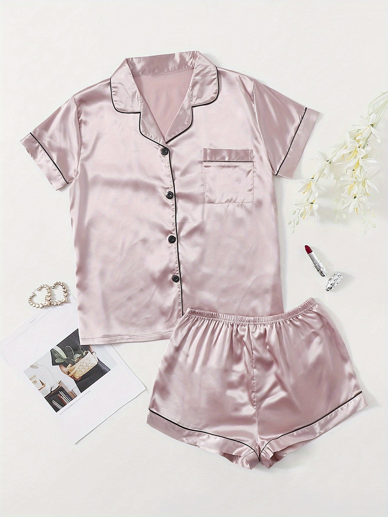 Satin Pajama Set Short Sleeve & Shorts Women's Sleepwear