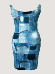  Denim Print Square Neck Tank Dress