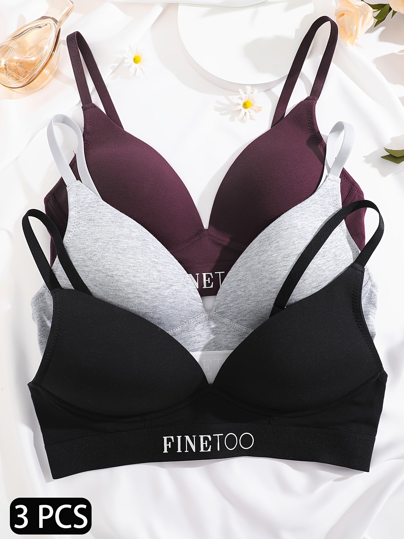 3pcs Letter Print T Shirt Bras Push Up Bra Women's Lingerie