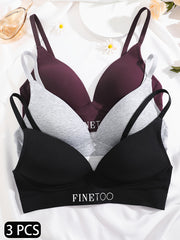 3pcs Letter Print T Shirt Bras Push Up Bra Women's Lingerie