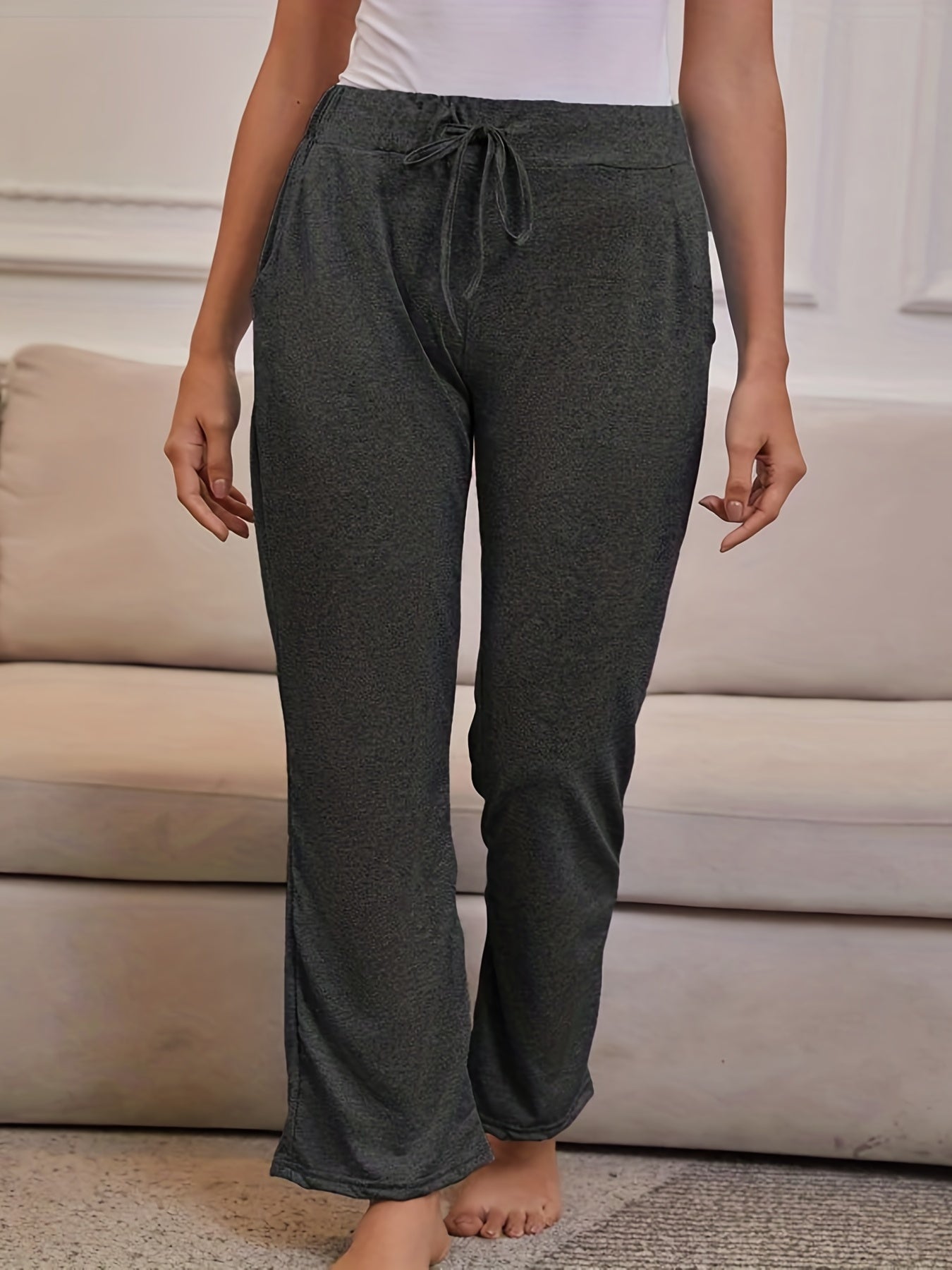  Casual Pants Women's Plus Solid Elastic Drawstring High Rise Trousers