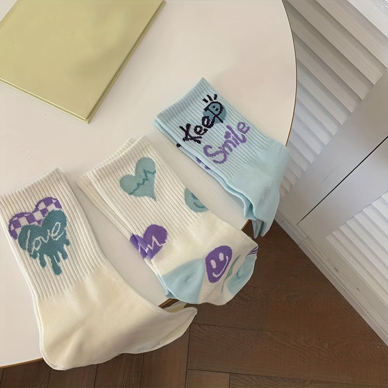 3 Pairs Heart & Letter Print Socks Women's Stockings