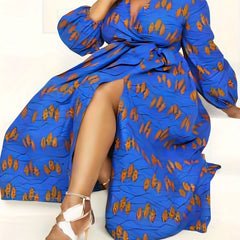  Leaf Print Lantern Sleeve Dress With Belt