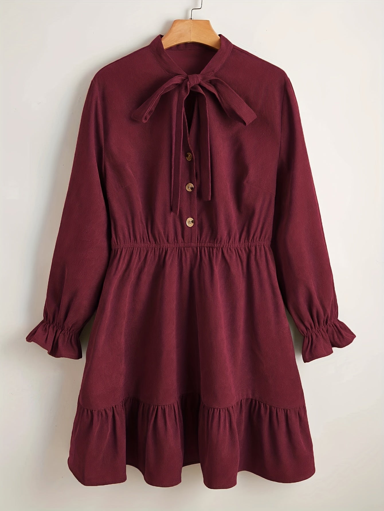  Solid Corduroy Flounce Button Up A line Mini Dress