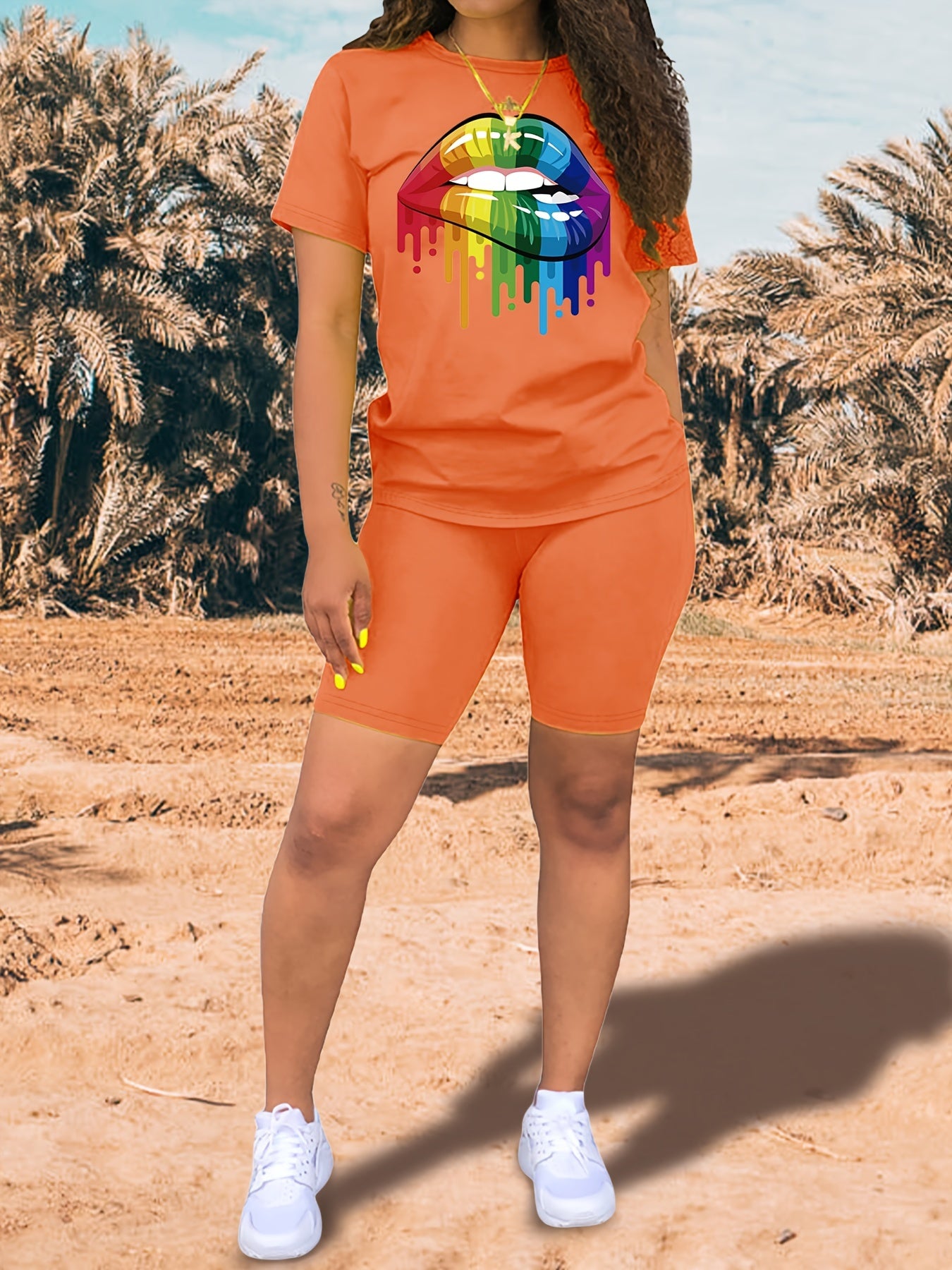 Lips Print Tee & Slim Shorts Set for Women