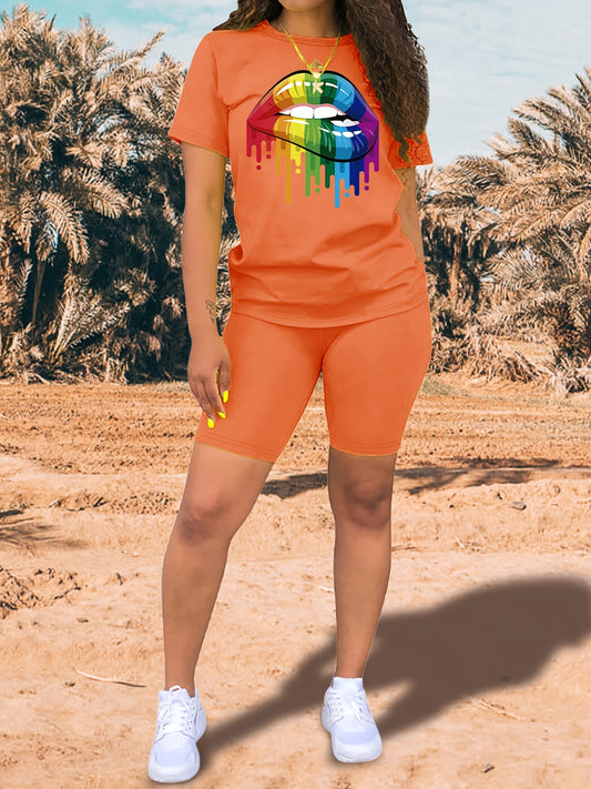 Lips Print Tee & Slim Shorts Set for Women