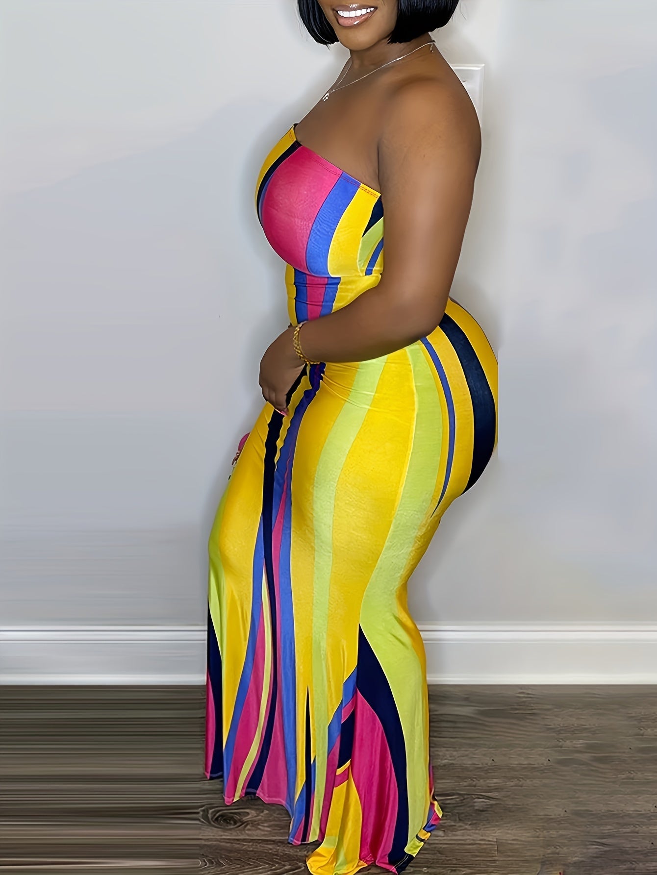  Contrast Stripe Bodycon Midi Maxi Dress