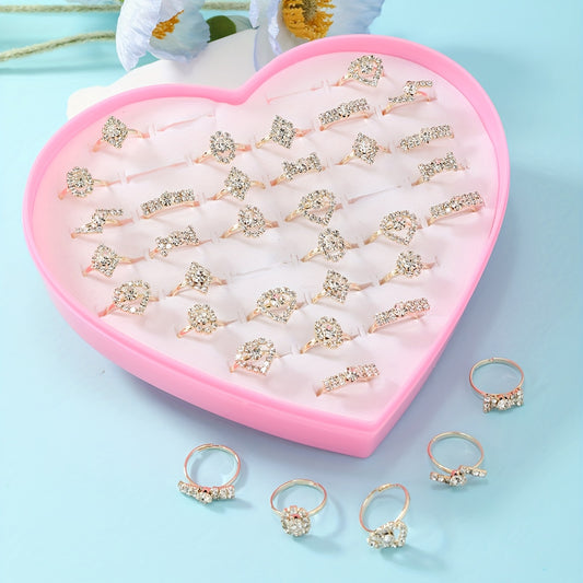 36pcs Girls Rhinestone Rings Set for Kids Gifts