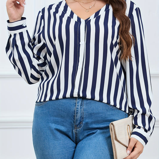  Women's Stripe Print Button Up Long Sleeve Blouse