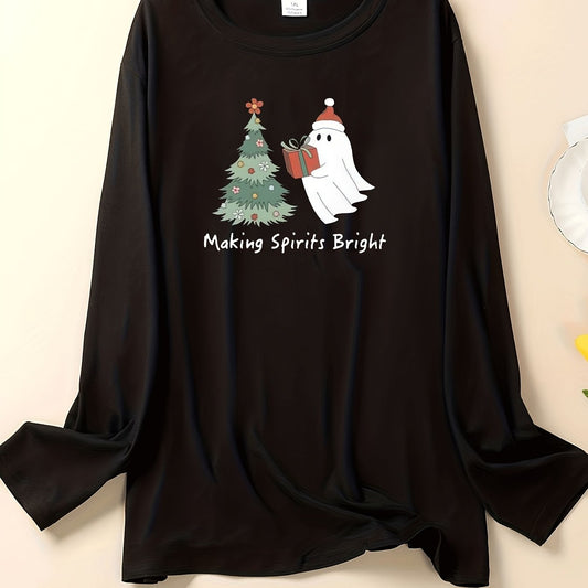 Women's Plus Christmas Lounge Top Long Sleeve Round Neck Sleepwear Tee