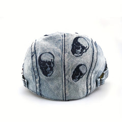 Skull Embroidered Hip Hop Beret Washed Distressed Vintage Flat Hat