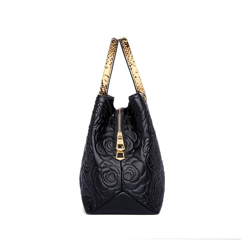 Floral Embossed Shoulder Bag Women's Large Zipper Purse