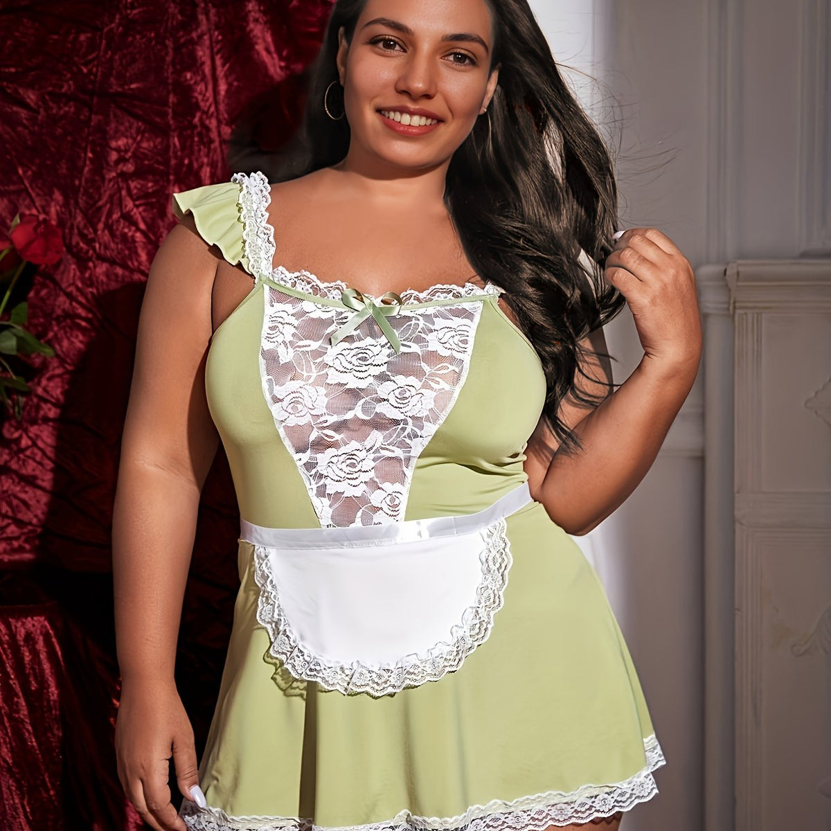  Floral Lace Ruffle Trim Mini Dress