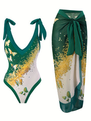 Butterfly Print Tie Shoulder Backless Swimsuit Cover Up