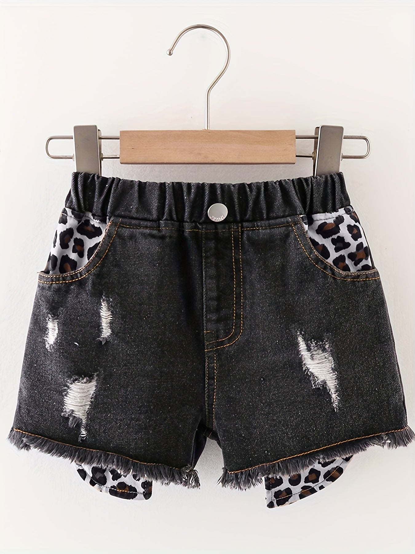 Girls Distressed Leopard Pattern Denim Shorts Kids Summer Beach Pants