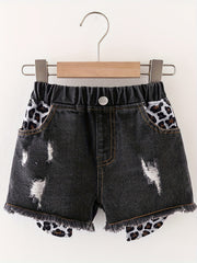 Girls Distressed Leopard Pattern Denim Shorts Kids Summer Beach Pants