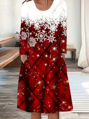 Women's Plus Snowflake & Plaid Long Sleeve Dress with Pockets