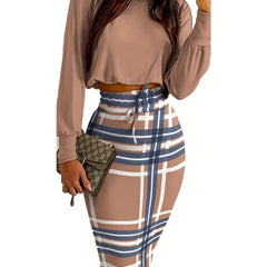 Casual Two-piece Set Solid Long Sleeve Tops & Plaid Print Split Skirts