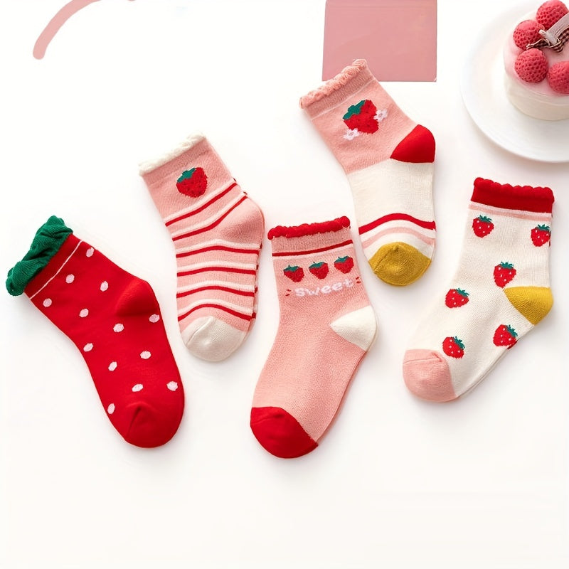 5pairs Girls Sweat Cartoon Strawberry Dot Stripe Pattern Lace Crew Socks