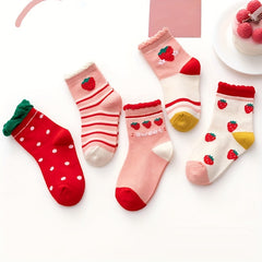 5pairs Girls Sweat Cartoon Strawberry Dot Stripe Pattern Lace Crew Socks
