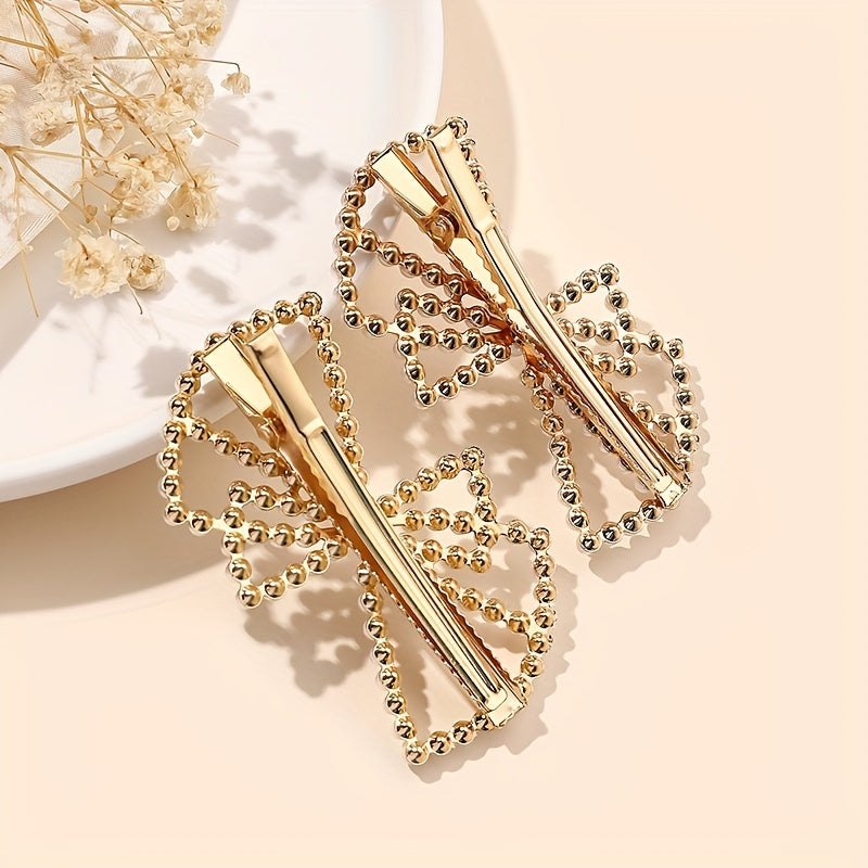 2pcs Faux Pearl Hair Clip Hollow Bow Decor Duck Billed Clip Alloy Hair Clip